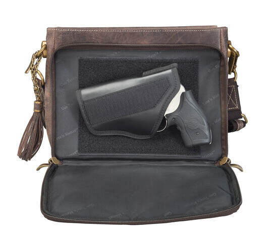 Gun Tote'n Mamas Distressed Buffalo Leather Shoulder Clutch in Brown has an adjustable holster